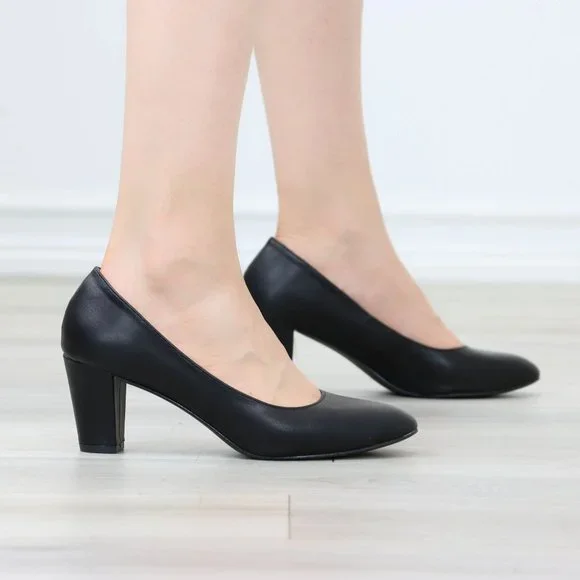 Classic Block Low Heel Pumps Slip On Round Toe Women's Black Shoes - Picture 4 of 12